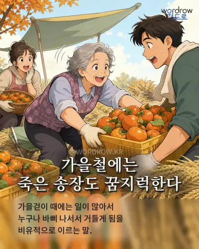 한국어 속담 “가을철에는 죽은 송장도 꿈지럭한다” 1컷 일러스트
