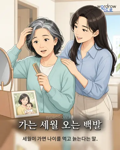 한국어 속담 “가는 세월 오는 백발” 1컷 일러스트
