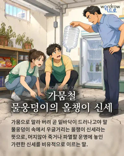 한국어 속담 “가뭄철 물웅덩이의 올챙이 신세” 1컷 일러스트