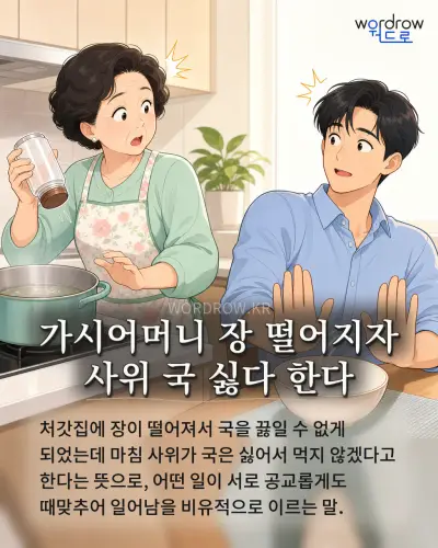 한국어 속담 “가시어머니 장 떨어지자 사위 국 싫다 한다”를 한 장면으로 담은 1컷 일러스트