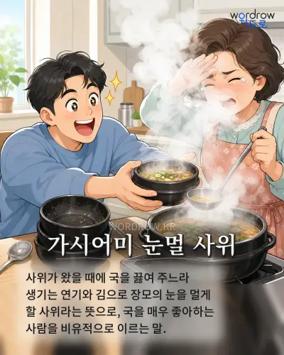 한국어 속담 “가시어미 눈멀 사위”를 한 장면으로 담은 1컷 일러스트
