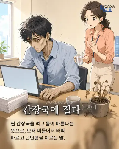한국어 속담 “간장국에 절다[마르다]” 1컷 일러스트