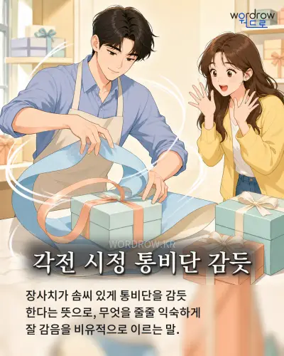 한국어 속담 “각전 시정 통비단 감듯” 1컷 일러스트