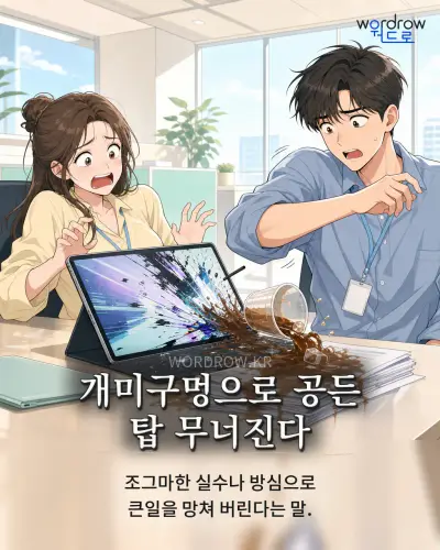 한국어 속담 “개미구멍으로 공든 탑 무너진다” 1컷 일러스트