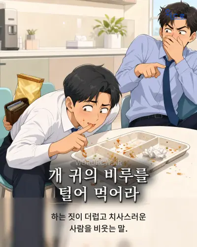 한국어 속담 “개 귀의 비루를 털어 먹어라” 1컷 일러스트