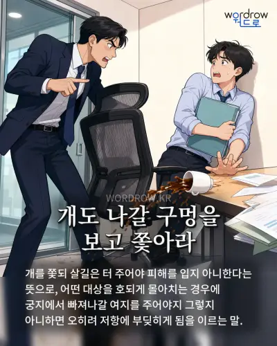 한국어 속담 “개도 나갈 구멍을 보고 쫓아라” 1컷 일러스트