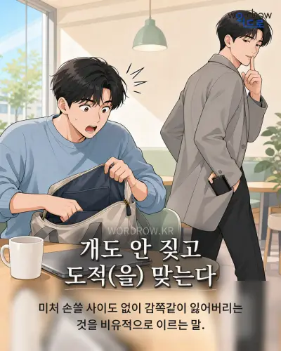 한국어 속담 “개도 안 짖고 도적(을) 맞는다” 1컷 일러스트