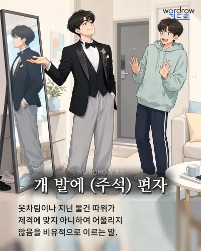 한국어 속담 “개 발에 편자” 1컷 일러스트
