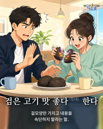 한국어 속담 “검은 고기 맛 좋다[있다] 한다” 1컷 일러스트