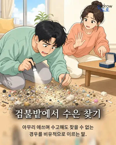한국어 속담 “검불밭에서 수은 찾기” 1컷 일러스트