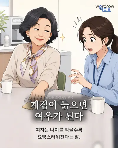 한국어 속담 “계집이 늙으면 여우가 된다”를 한 장면으로 담은 1컷 일러스트