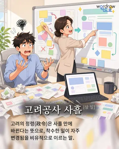 한국어 속담 “고려공사 사흘[삼 일]” 1컷 일러스트