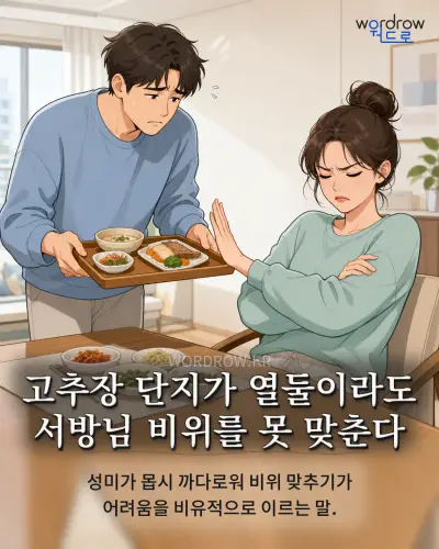 한국어 속담 “고추장 단지가 열둘이라도 서방님 비위를 못 맞춘다” 1컷 일러스트