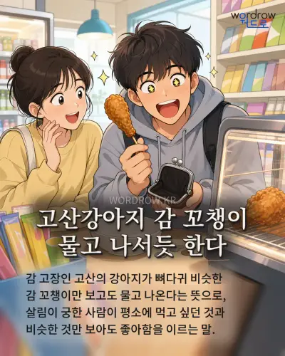한국어 속담 “고산강아지 감 꼬챙이 물고 나서듯 한다”를 한 장면으로 담은 1컷 일러스트