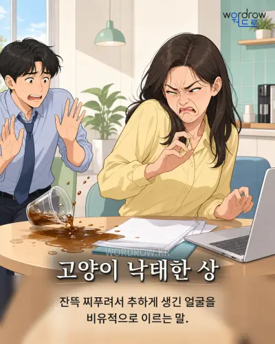 한국어 속담 “고양이 낙태한 상” 1컷 일러스트