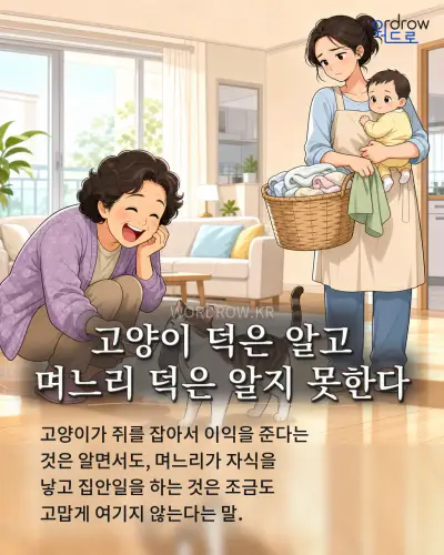 한국어 속담 “고양이 덕은 알고 며느리 덕은 알지 못한다” 1컷 일러스트