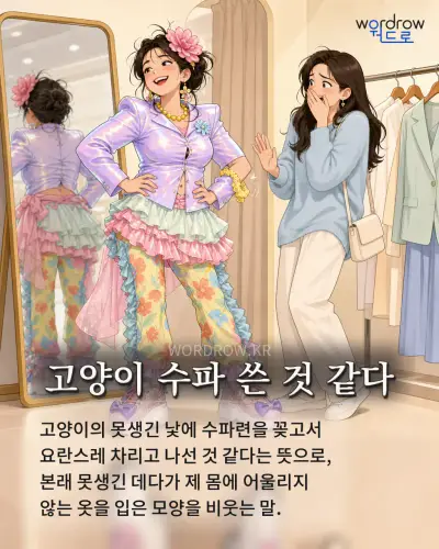 한국어 속담 “고양이 수파 쓴 것 같다” 1컷 일러스트