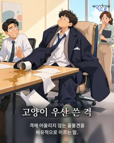 한국어 속담 “고양이 우산 쓴 격” 1컷 일러스트