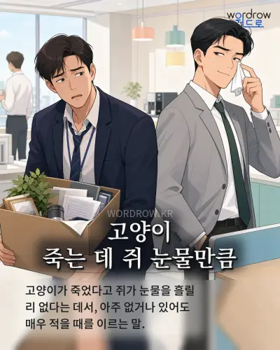 한국어 속담 “고양이 죽는 데 쥐 눈물만큼” 1컷 일러스트