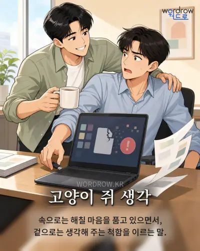 한국어 속담 “고양이 쥐 생각” 1컷 일러스트