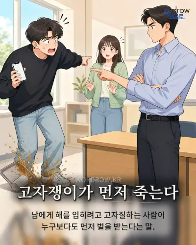 한국어 속담 “고자쟁이가 먼저 죽는다” 1컷 일러스트