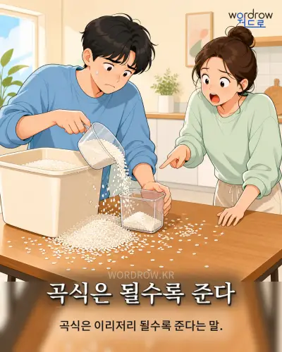 한국어 속담 “곡식은 될수록 준다” 1컷 일러스트