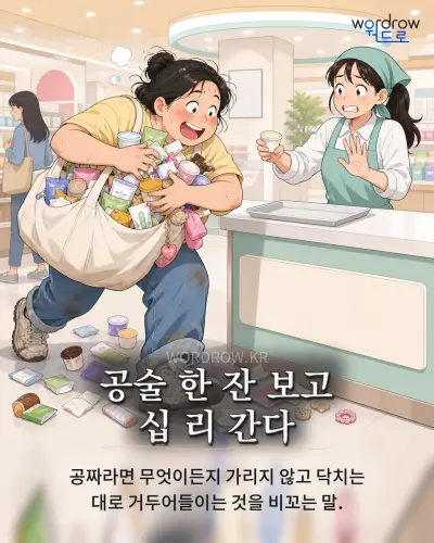 한국어 속담 “공술 한 잔 보고 십 리 간다” 1컷 일러스트