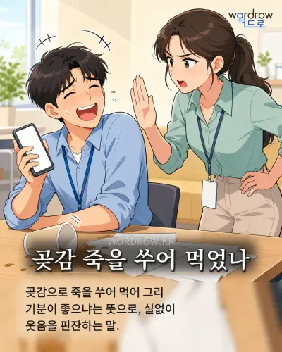 한국어 속담 “곶감 죽을 쑤어 먹었나” 1컷 일러스트