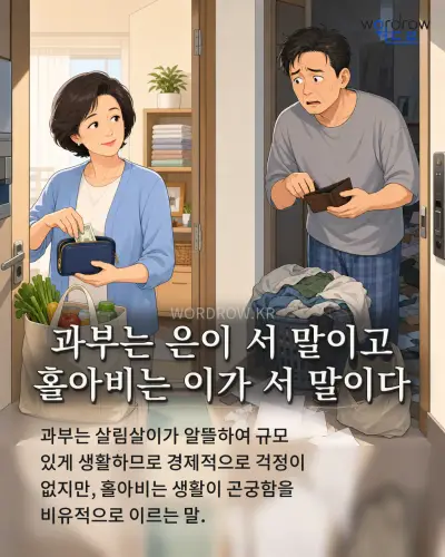 한국어 속담 “과부는 은이 서 말이고 홀아비는 이가 서 말이다” 1컷 일러스트
