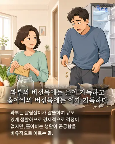 한국어 속담 “과부의 버선목에는 은이 가득하고 홀아비의 버선목에는 이가 가득하다” 1컷 일러스트