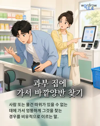 한국어 속담 “과부 집에 가서 바깥양반 찾기” 1컷 일러스트