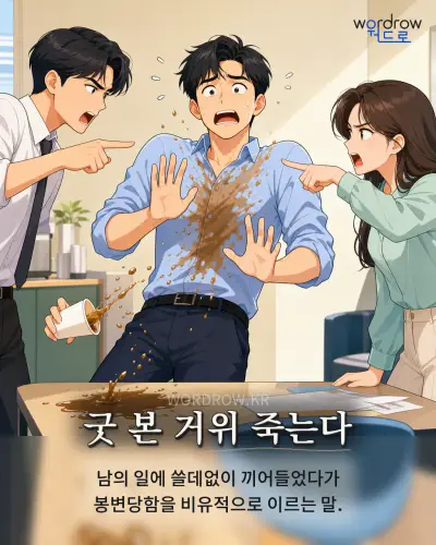 한국어 속담 “굿 본 거위 죽는다” 1컷 일러스트