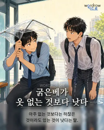 한국어 속담 “굵은베가 옷 없는 것보다 낫다” 1컷 일러스트