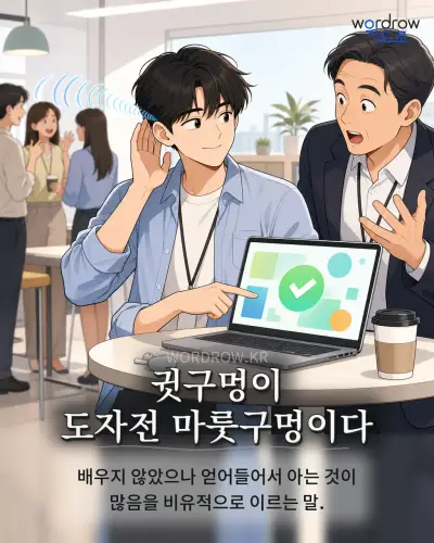 한국어 속담 “귓구멍이 도자전 마룻구멍이다” 1컷 일러스트