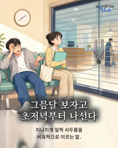 한국어 속담 “그믐달 보자고 초저녁부터 나선다” 1컷 일러스트