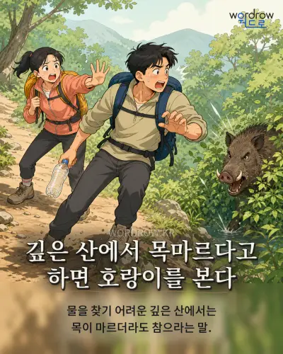 한국어 속담 “깊은 산에서 목마르다고 하면 호랑이를 본다” 1컷 일러스트