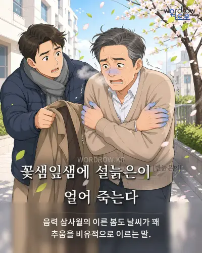한국어 속담 “꽃샘잎샘에 설늙은이[반늙은이] 얼어 죽는다” 1컷 일러스트