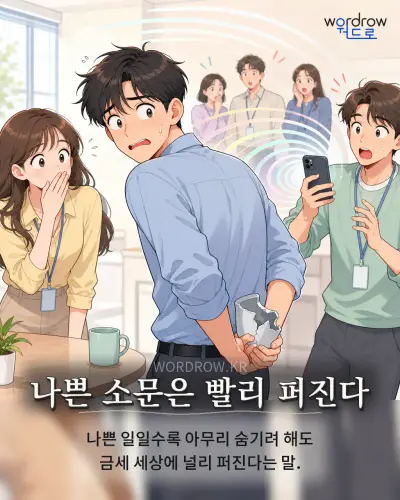 한국어 속담 “나쁜 소문은 빨리 퍼진다” 1컷 일러스트