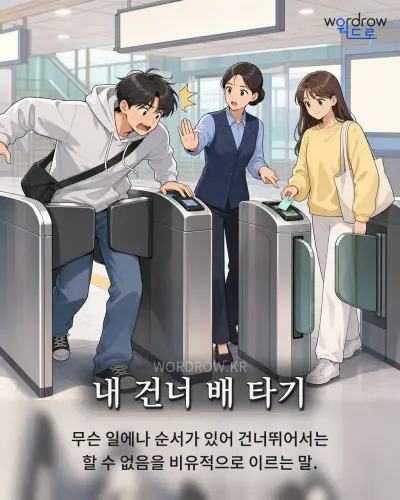 한국어 속담 “내 건너 배 타기” 1컷 일러스트