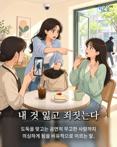 한국어 속담 “내 것 잃고 죄짓는다” 1컷 일러스트