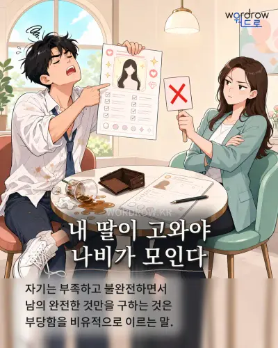 한국어 속담 “내 딸이 고와야 나비가 모인다” 1컷 일러스트