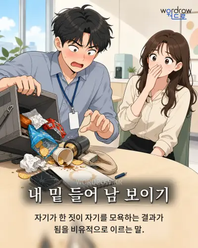 한국어 속담 “내 밑 들어 남 보이기” 1컷 일러스트