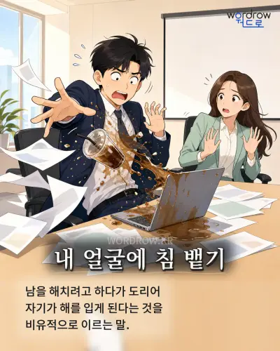 한국어 속담 “내 얼굴에 침 뱉기” 1컷 일러스트
