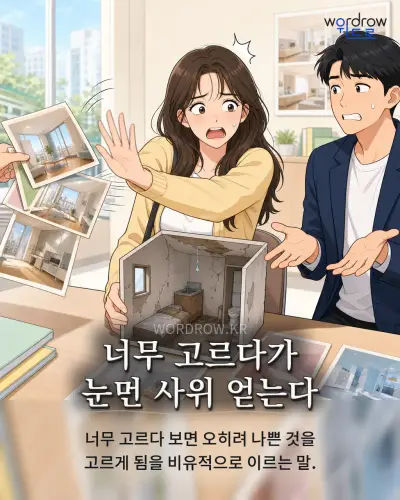 한국어 속담 “너무 고르다가 눈먼 사위 얻는다” 1컷 일러스트