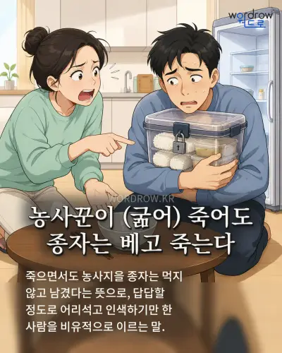 한국어 속담 “농사꾼이 (굶어) 죽어도 종자는 베고 죽는다” 1컷 일러스트