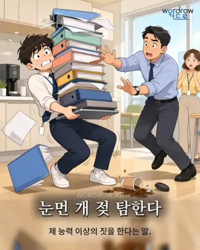 한국어 속담 “눈먼 개 젖 탐한다”를 한 장면으로 담은 1컷 일러스트
