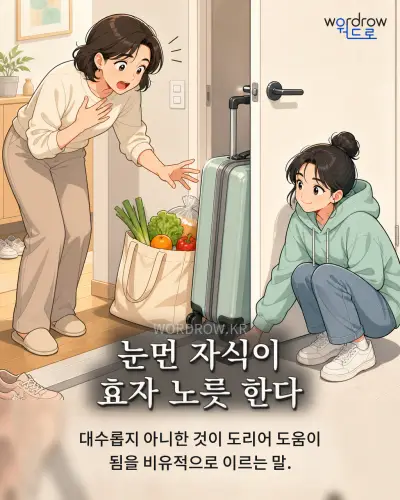 한국어 속담 “눈먼 자식이 효자 노릇 한다”를 한 장면으로 담은 1컷 일러스트