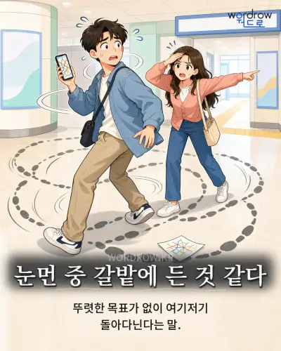 한국어 속담 “눈먼 중 갈밭에 든 것 같다” 1컷 일러스트