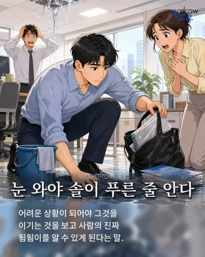 한국어 속담 “눈 와야 솔이 푸른 줄 안다” 1컷 일러스트