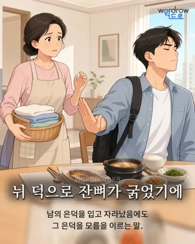 한국어 속담 “뉘 덕으로 잔뼈가 굵었기에” 1컷 일러스트